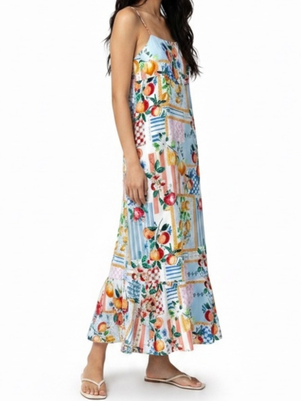 Paper Heart Anthropologie Orchard Fruits Maxi Dress Size S Open Tie Back